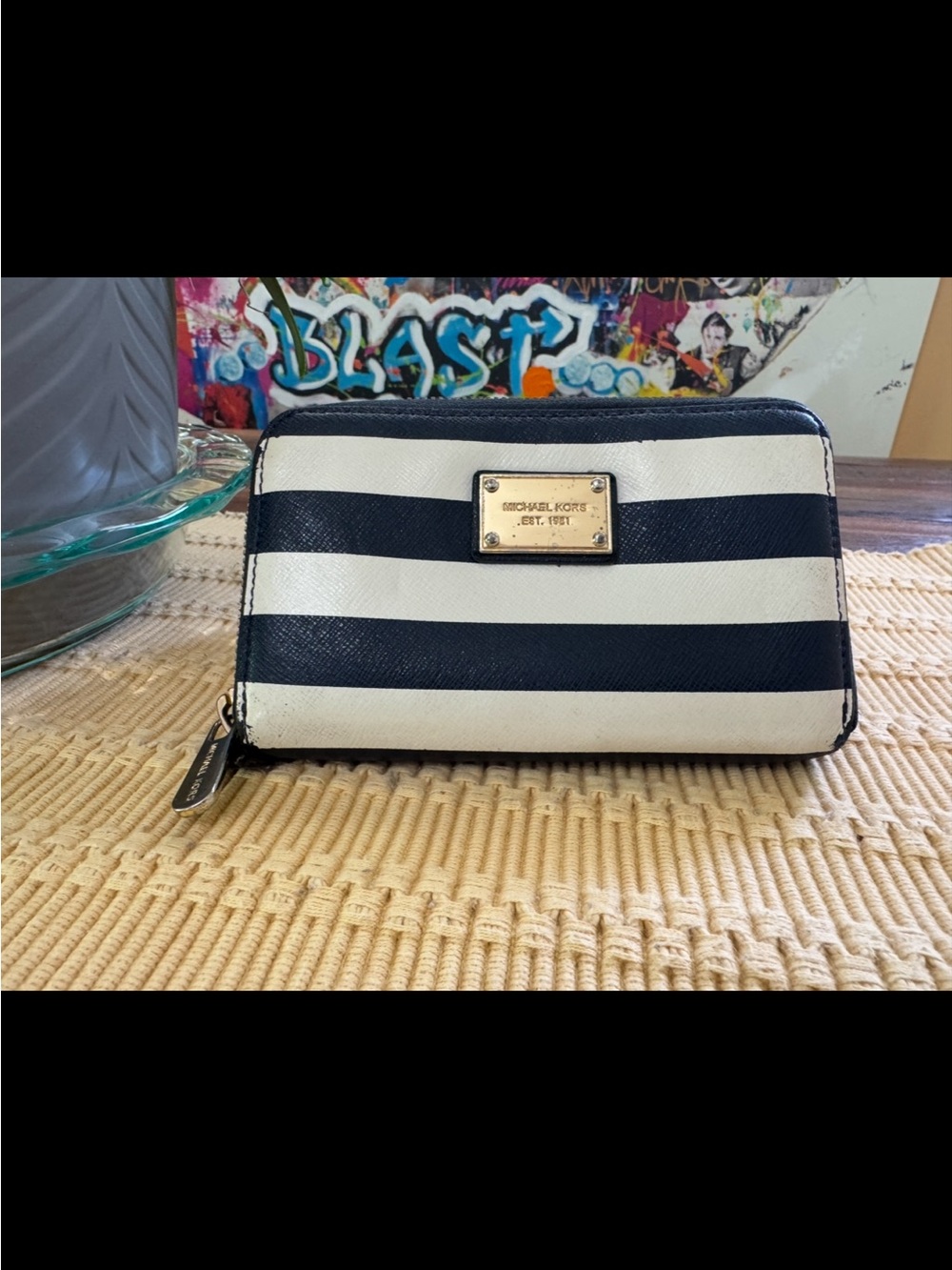Michael Kors Navy and White Striped Zip Around Wallet